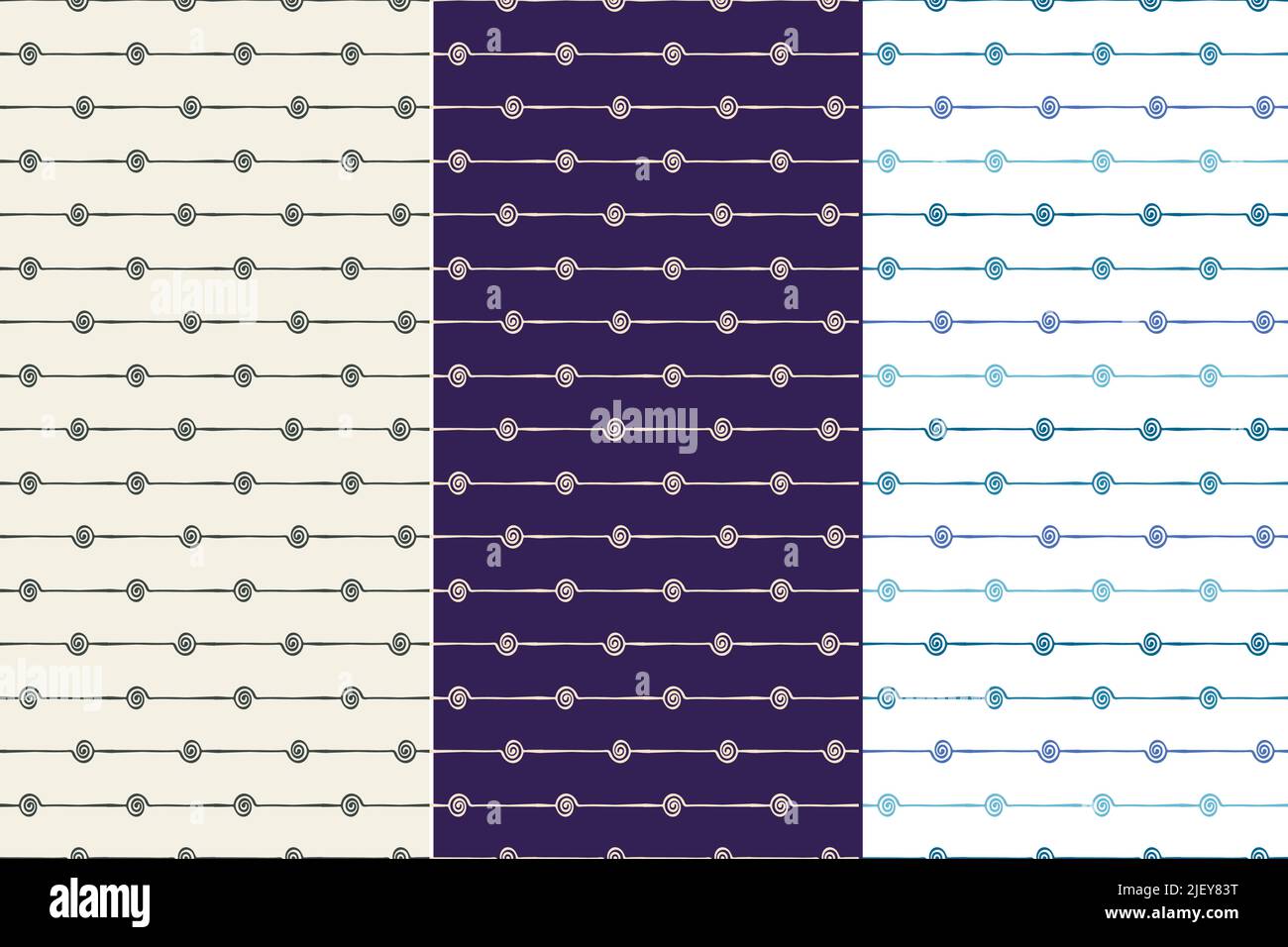 Motifs ornementaux ethniques sans couture, ensemble de 3. Style de caniche dessiné à la main, formes de tourbillon organique de pinceau, lignes. Tons gris bleu couleurs. Géométrique Illustration de Vecteur