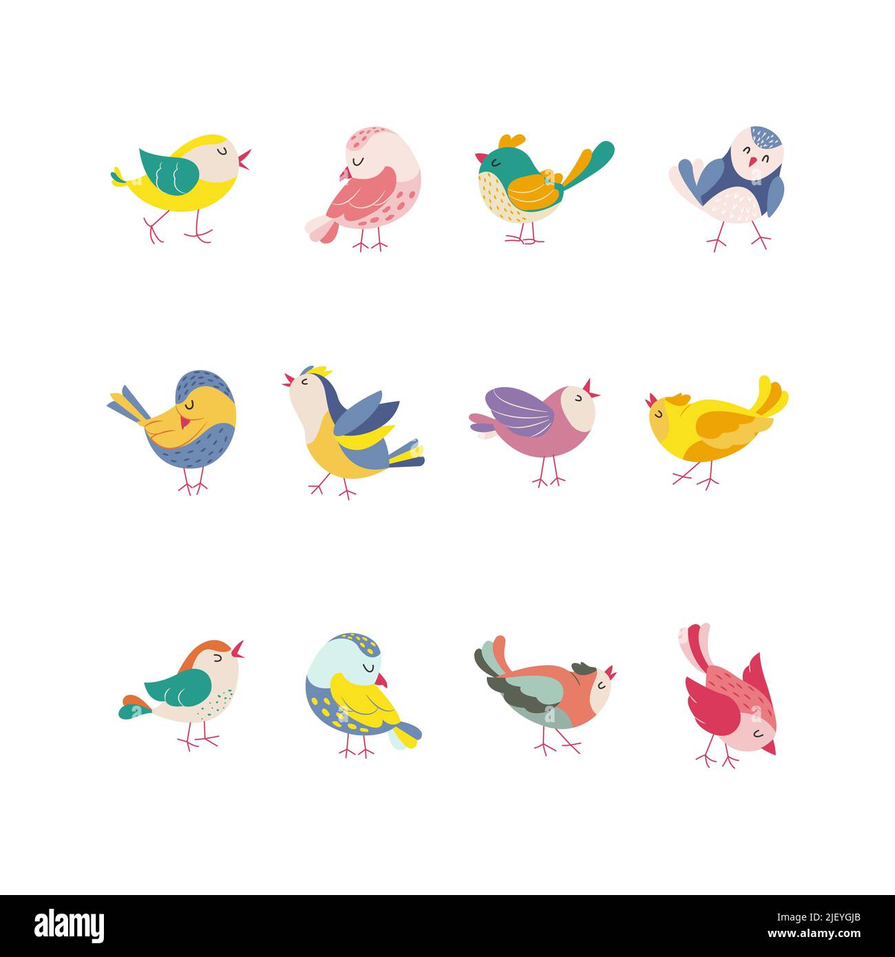 Drôle d'oiseaux de couleur dans différentes poses ensemble. Collection d'oiseaux exotiques. Illustration vectorielle de style plat Illustration de Vecteur