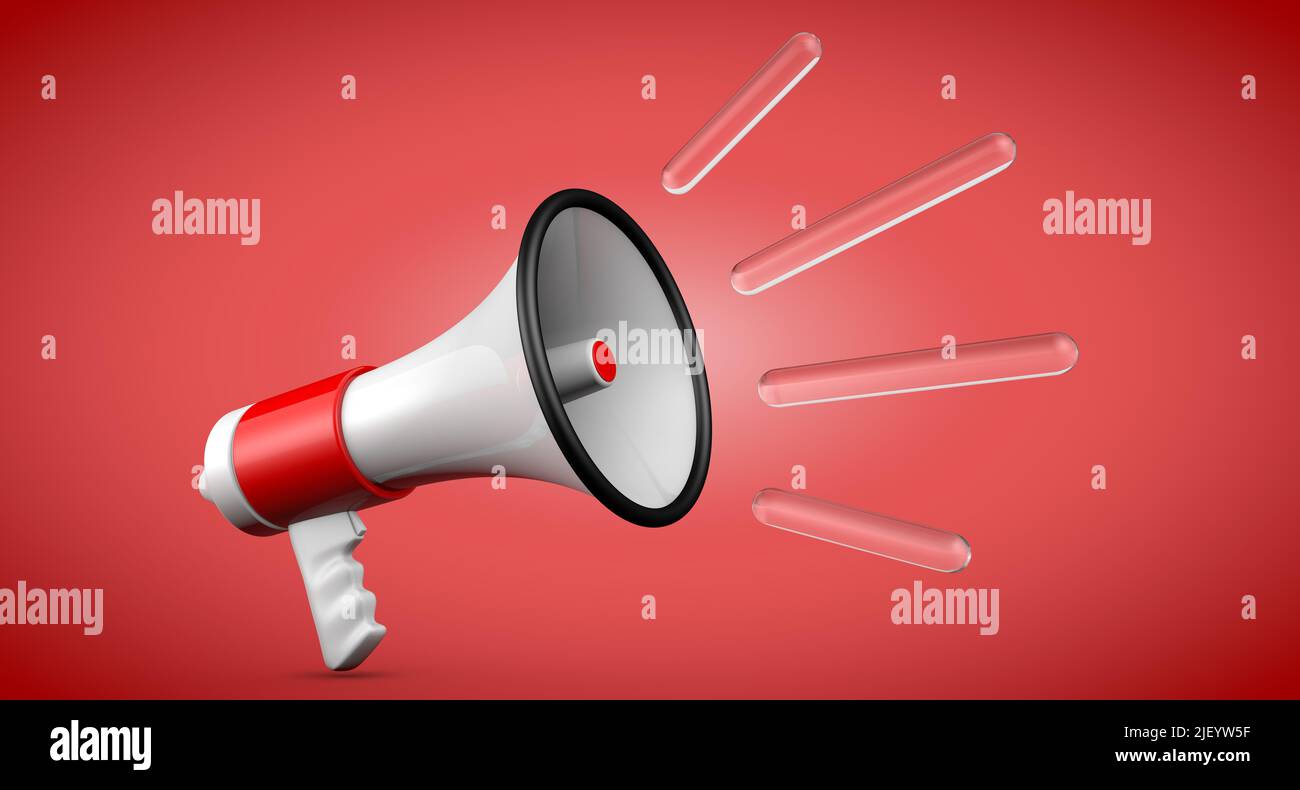 3D rendu du mégaphone rouge et blanc isolé sur fond rouge. Banque D'Images