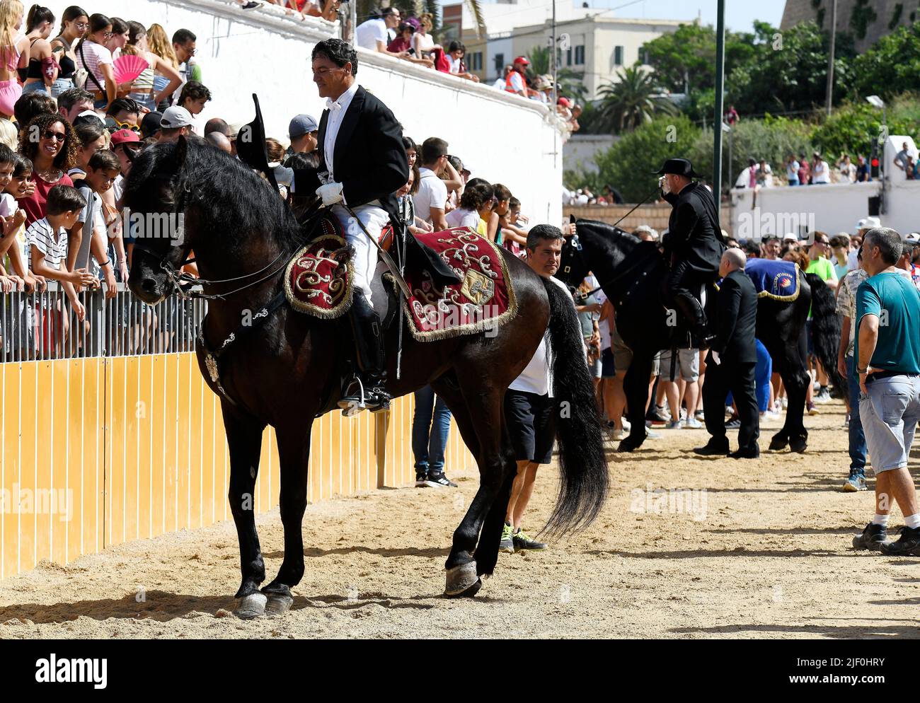 Festivités de Sant Joan à Ciutadella, Minorque. Les chevaux traversent la ville en s'élevant parmi les gens et en courant sur l'esplanade du port. Banque D'Images