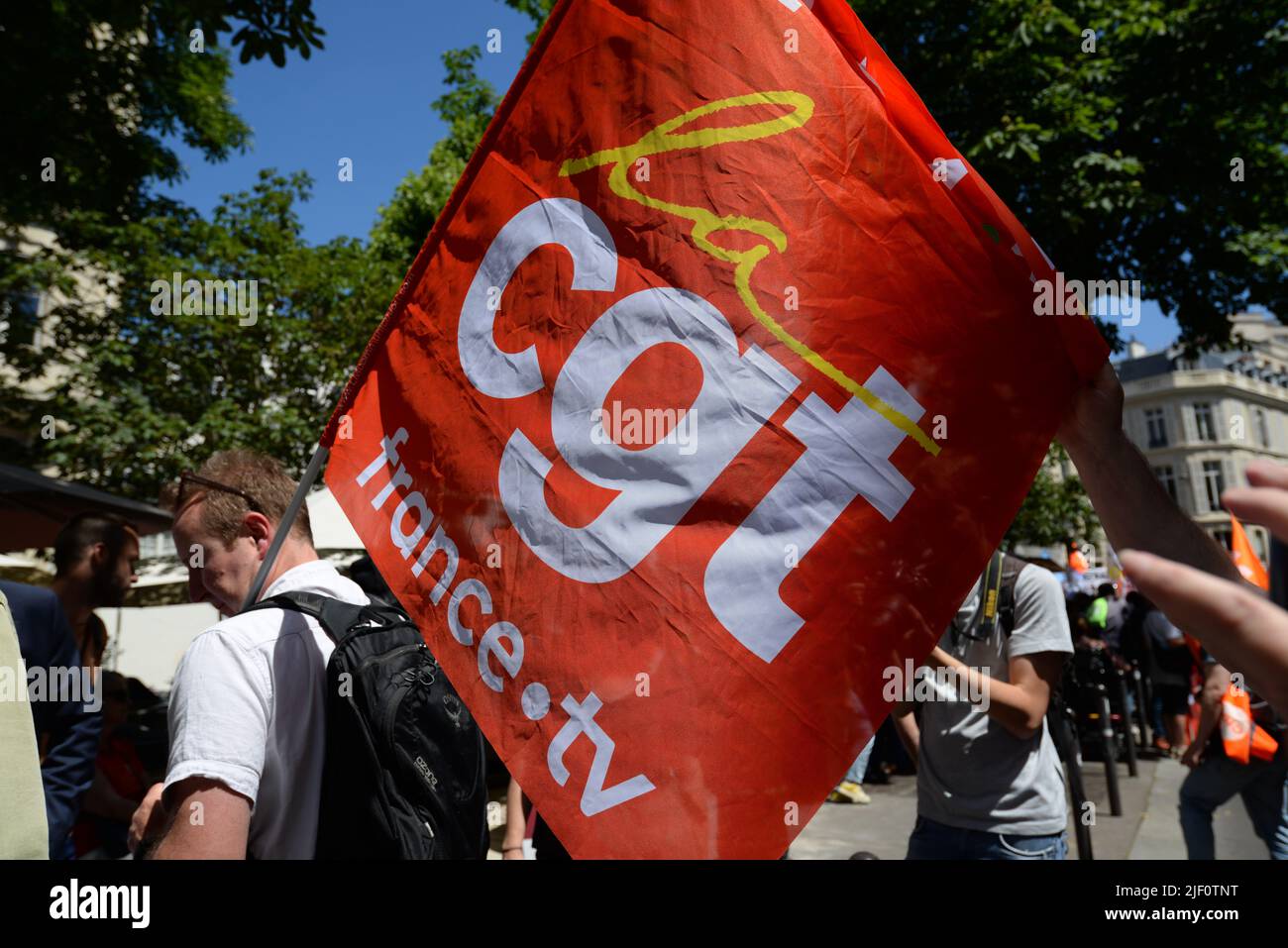 Journée de grève et de manifestation à Paris pour les salutaires de l'audiovisuel public qui ont protesté contre la suppression de la redevance télé. Banque D'Images