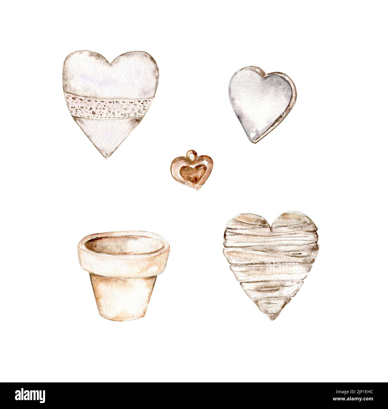 Jeu de coeurs en bois et pot en argile dessiné à la main Banque D'Images