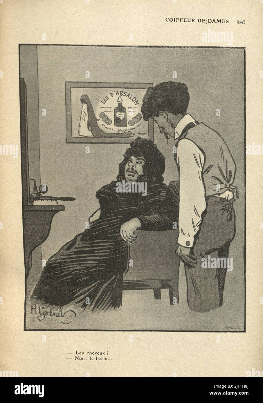 Caricature française vintage de Henry Gerbault, 1900s. Code de dames. KES cheveux, non ! la berbe. Coiffeur pour femmes. Cheveux, non ! barbe Banque D'Images