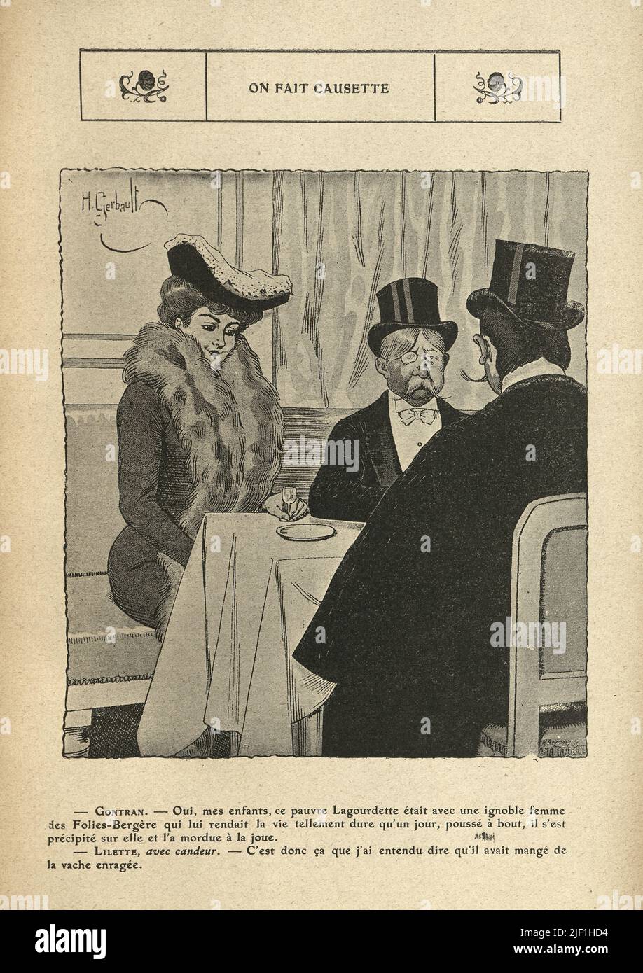 Caricature française vintage de Henry Gerbault, 1900s. Les gens déjeunent dans un café. Sur le fait causette, nous chatons Banque D'Images