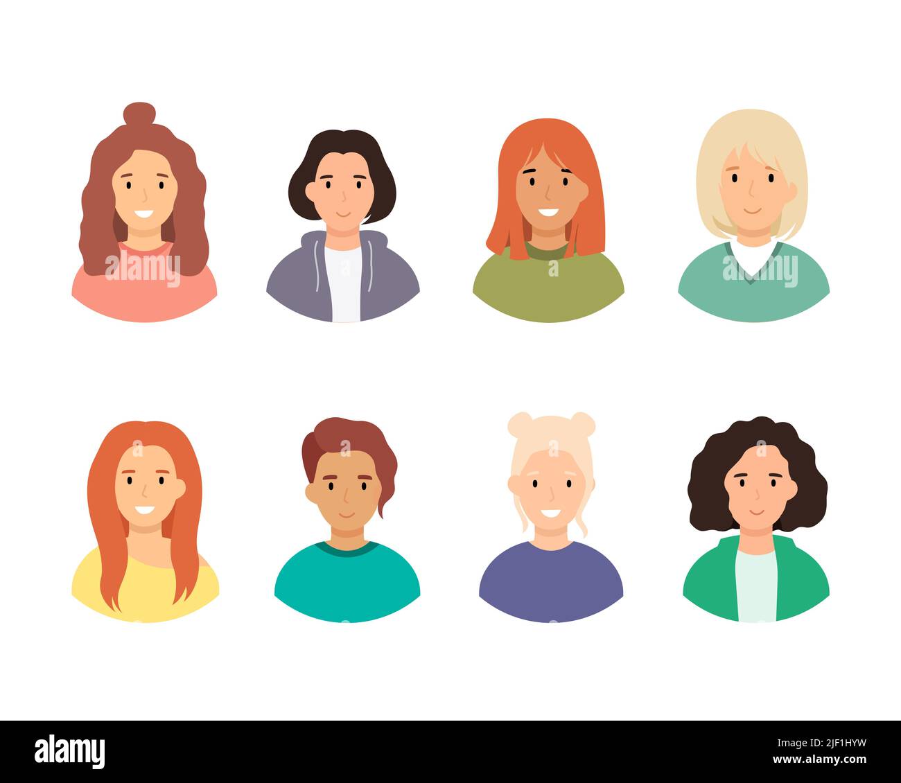 Portraits de femmes de différentes coiffures. Personnages femelles d'avatars isolés sur fond blanc. Illustration vectorielle plate Illustration de Vecteur