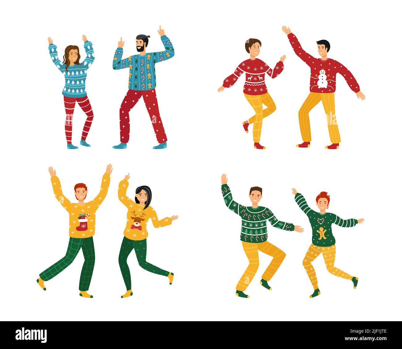 Fête des chandails de Noël laid. Les jeunes hommes et les jeunes femmes dansent en famille. Illustration vectorielle Illustration de Vecteur