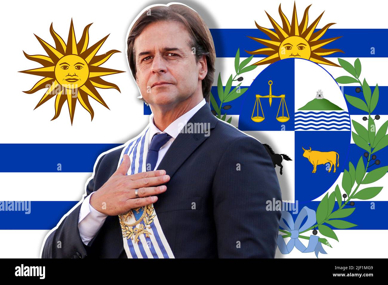 Luis Lacalle pou, le drapeau et les armoiries de l'Uruguay Banque D'Images