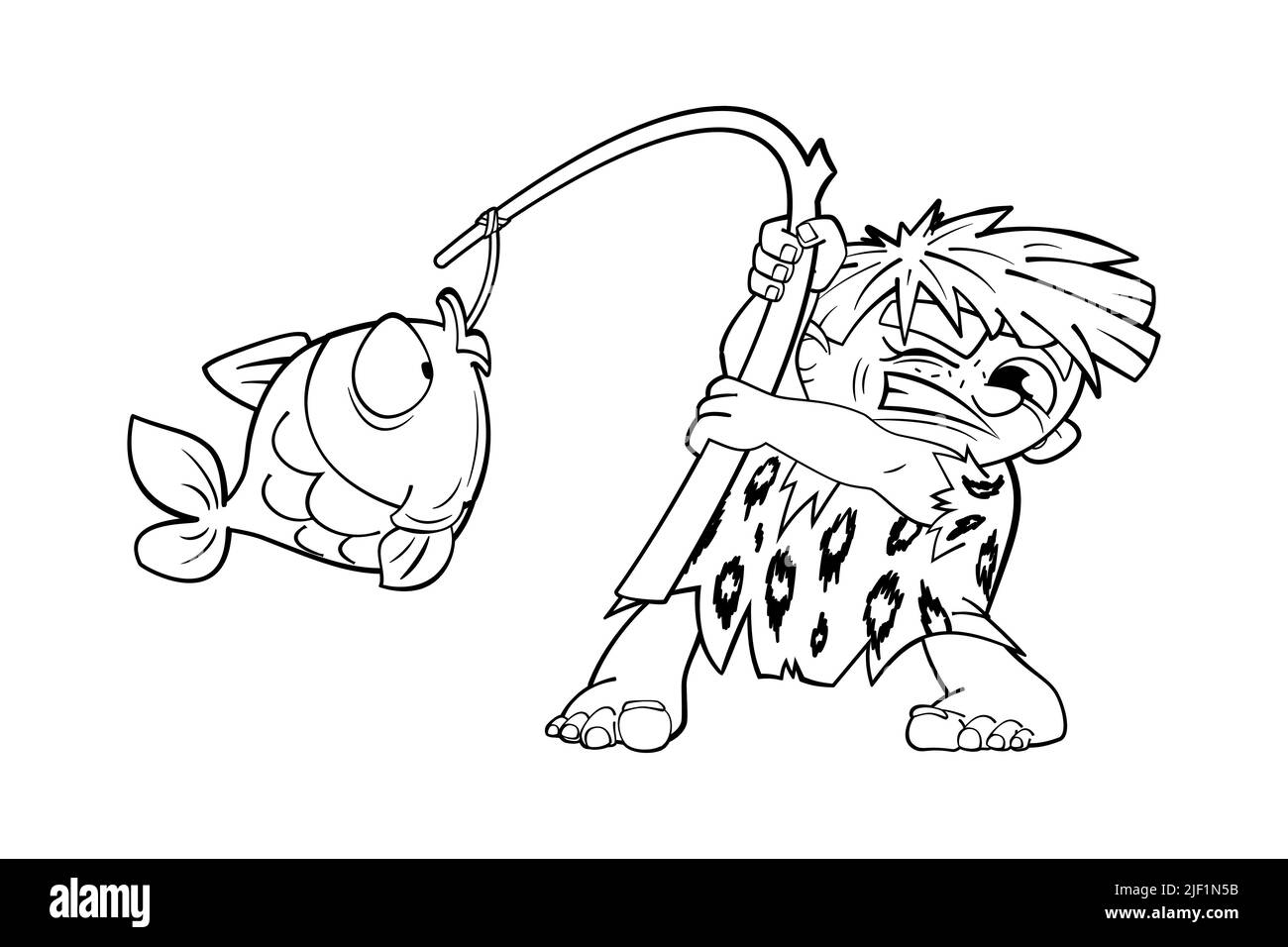 Homme primitif pêche avec un Rod.Vector coloriage livre en dessin animé noir et blanc style, isolé Illustration de Vecteur