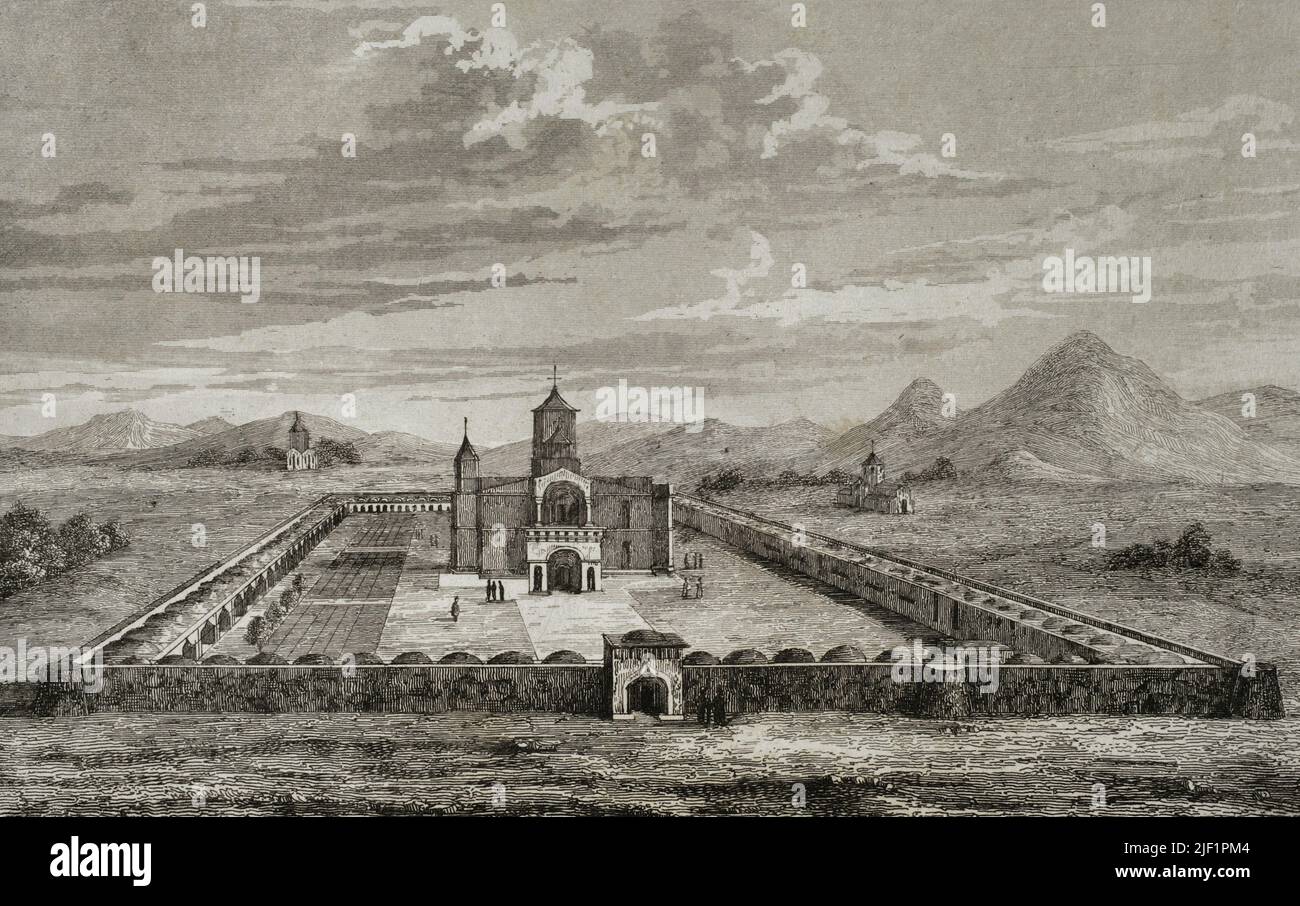 Arménie. Echmiatzin ou Ejmiatsin. Centre spirituel et administratif de l'Église apostolique arménienne. Vue sur les trois églises. Gravure dessinée par Arnout. Lemaitre direxit. 'Panorama universel. Historia de Armenia', 1838. Banque D'Images