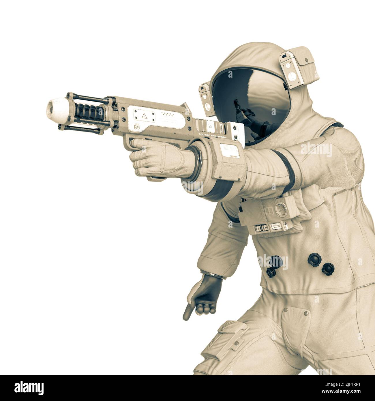 l'astronaute marche avec un pistolet laser, illustration 3d Banque D'Images