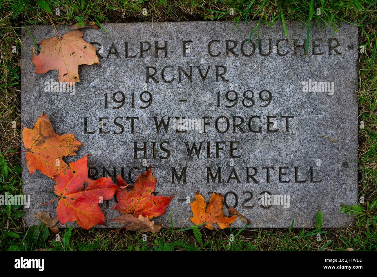 Marqueur de sépulture de vétéran recouvert de feuilles d'érable et entouré d'herbe. Banque D'Images