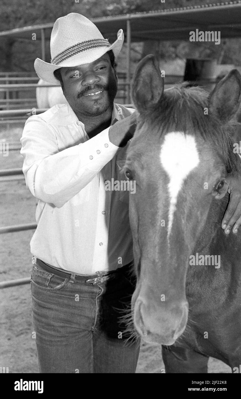 Le musicien Billy Preston est de retour avec son cheval chez lui à Topanga Canyon, le 1979 novembre Banque D'Images