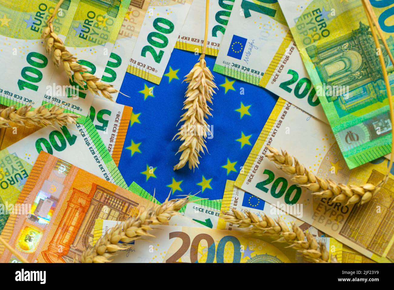 Coût du blé et de la farine. Épelettes de blé et billets de papier au drapeau de l'Union européenne.crise alimentaire en Europe.Prix du blé et de la farine en Europe. Banque D'Images
