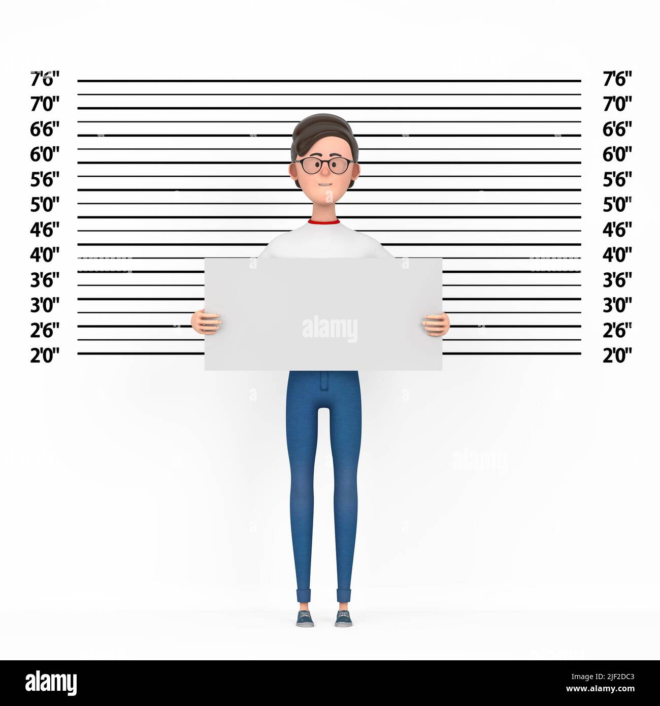 Personnage de dessin animé homme avec plaque d'identification devant la police ligne ou Mugshot fond extrême gros plan. 3D rendu Banque D'Images