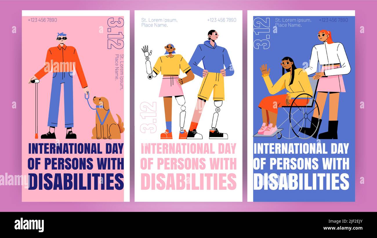 Affiches de la Journée internationale des personnes handicapées. Bannières vectorielles avec illustration plate de fille en fauteuil roulant, aveugle avec chien guide, homme et femme avec prothèse Illustration de Vecteur