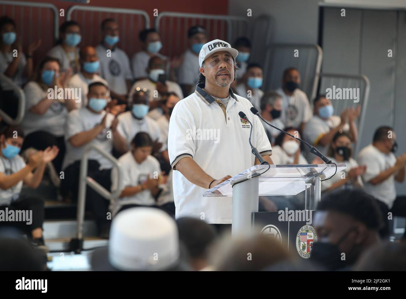 M. Gilliam parle lors de l'ouverture du complexe sportif Michelle & Barack Obama mardi 28 juin 2022, à Los Angeles, en Californie (Jevone Moore/image of S) Banque D'Images