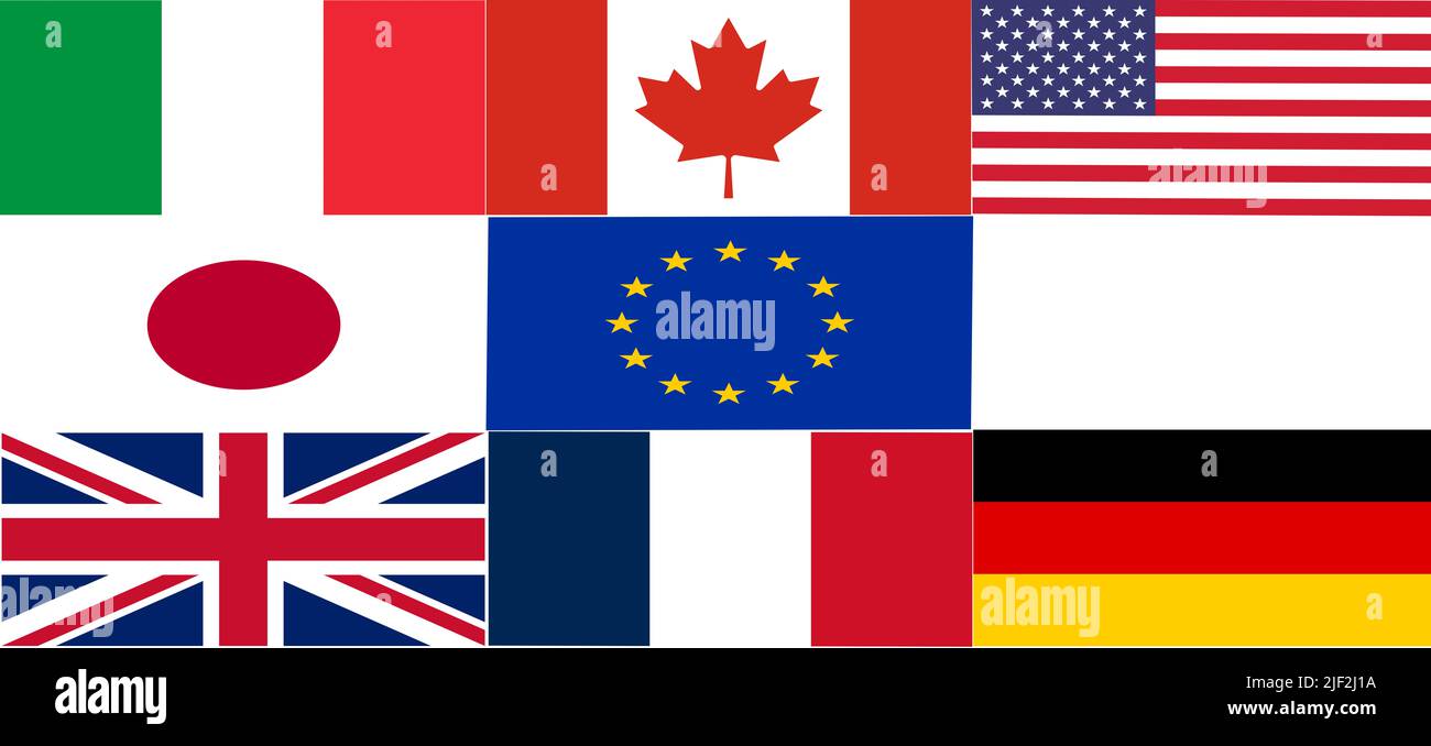 Sommet de G7. Drapeaux des membres du groupe des sept G7 et liste des pays et drapeau de la Russie. Groupe des sept. Banque D'Images