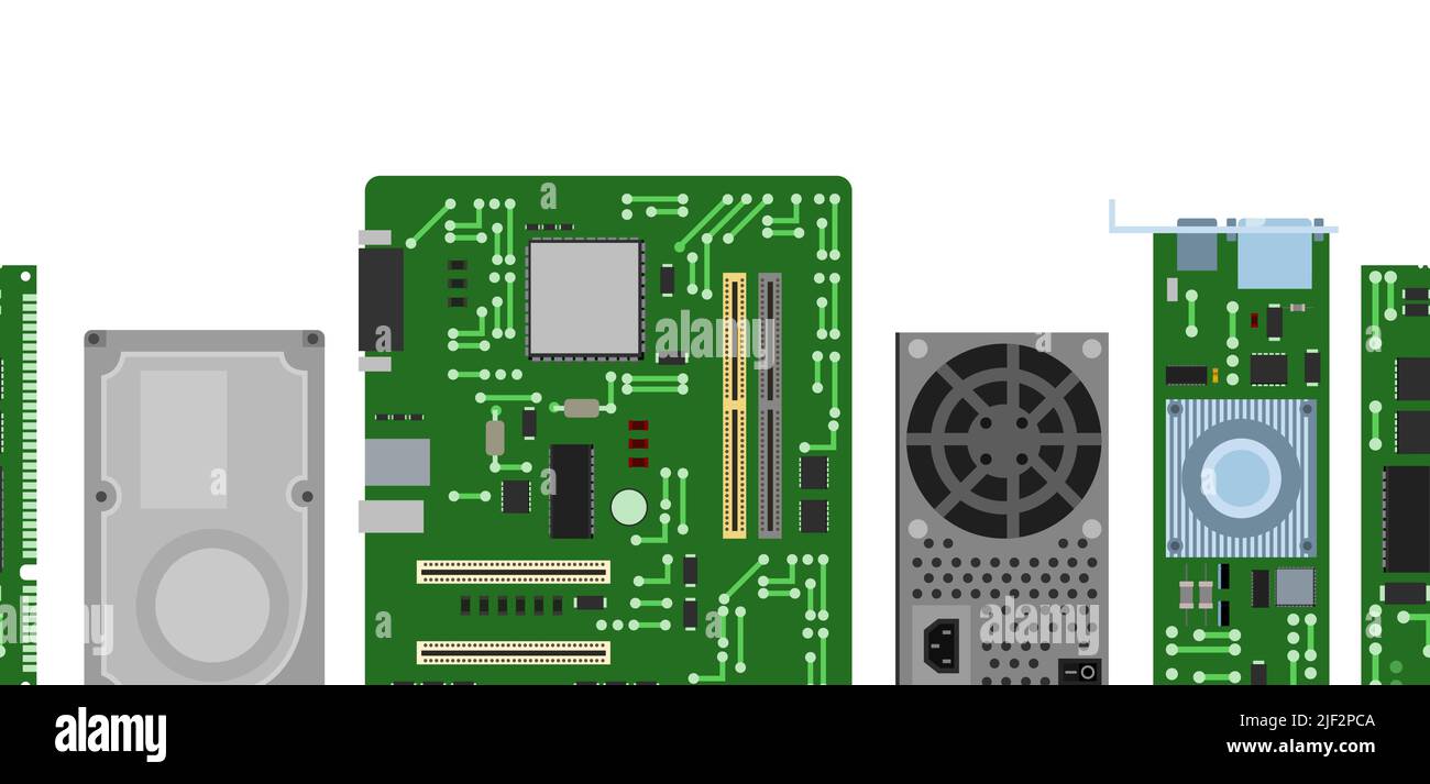 Pièce de rechange pour ordinateur personnel. Disque dur d'alimentation. Arrière-plan horizontal sans couture. Accessoires pour PC ou ordinateur portable. Isolé sur fond blanc. Motherbo Illustration de Vecteur