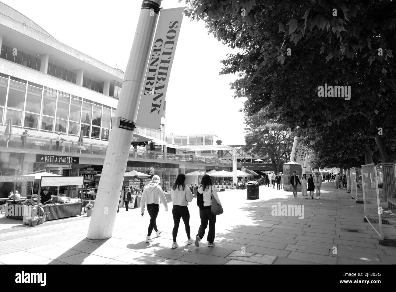 À côté de la Tamise, la rive sud est une zone dynamique au cœur de la scène culturelle de Londres. Le Southbank Center, le Théâtre national et le cinéma BFI sont des lieux artistiques de classe mondiale. La promenade au bord de la rivière est bordée d'arbres, de restaurants et de pubs historiques, et est le site de foires et d'événements fréquents. Les touristes admirent des sites emblématiques tels que Big Ben et la cathédrale Saint-Paul depuis la grande roue London Eye .. Banque D'Images