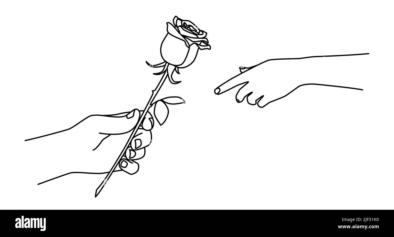 Main tenant une rose et lui donnant. L'homme donne une fleur à une femme. Tracé à la main avec une ligne fine. Illustration vectorielle isolée sur fond blanc Illustration de Vecteur