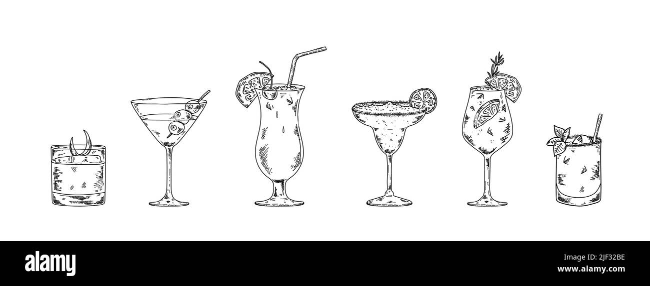 Cocktails amusants dessinés à la main. Idéal pour les menus, les tirages - conception vectorielle Illustration de Vecteur