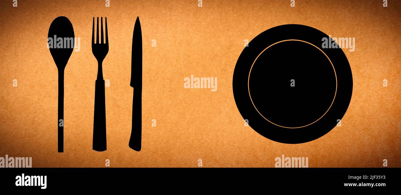Vue de dessus du jeu de plaques, de cuillère, de fourchette et de couteau Silhouette sur fond blanc Banque D'Images