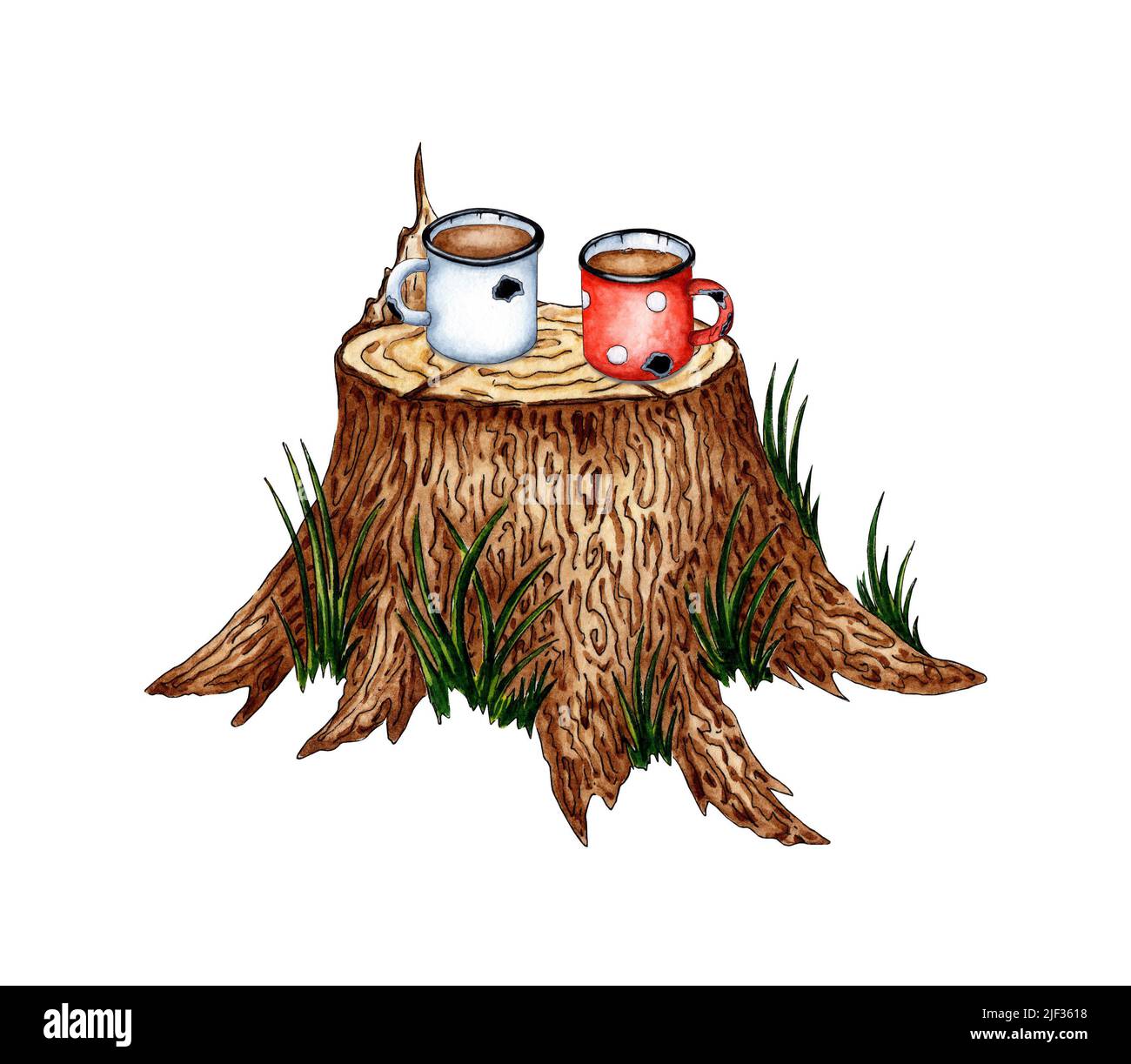 Illustration aquarelle de mugs avec support à thé sur une souche. Camping, arrêtez-vous sur une longue randonnée, déjeuner. Pour la conception de compositions de conception sur le thème de Banque D'Images