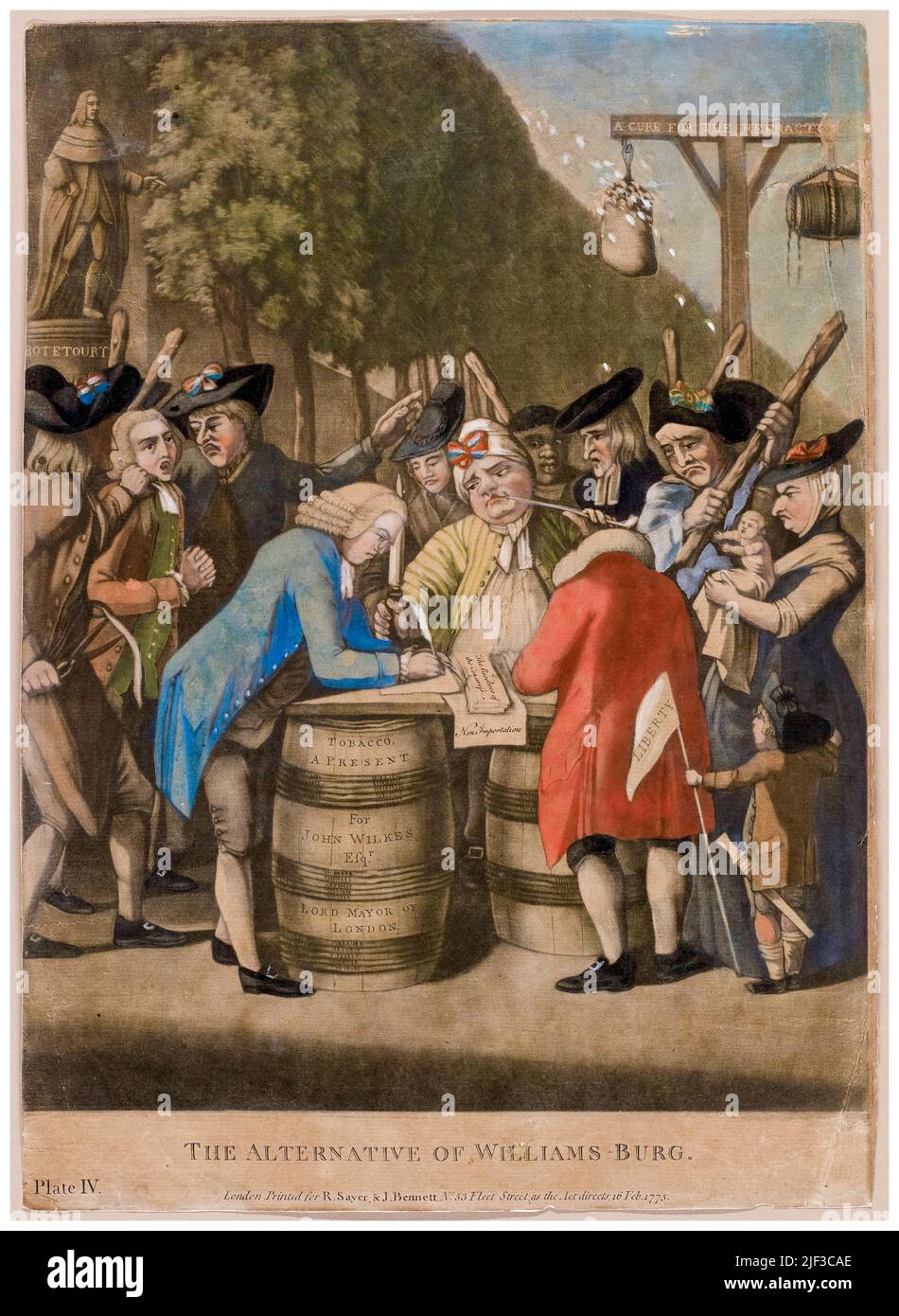 L'alternative de Williamsburg, mezzotint imprimé d'une gravure avec aquarelle par le dessinateur politique britannique Philip Dawe, 1775 - une satire sur la convention de Williamsburg Banque D'Images