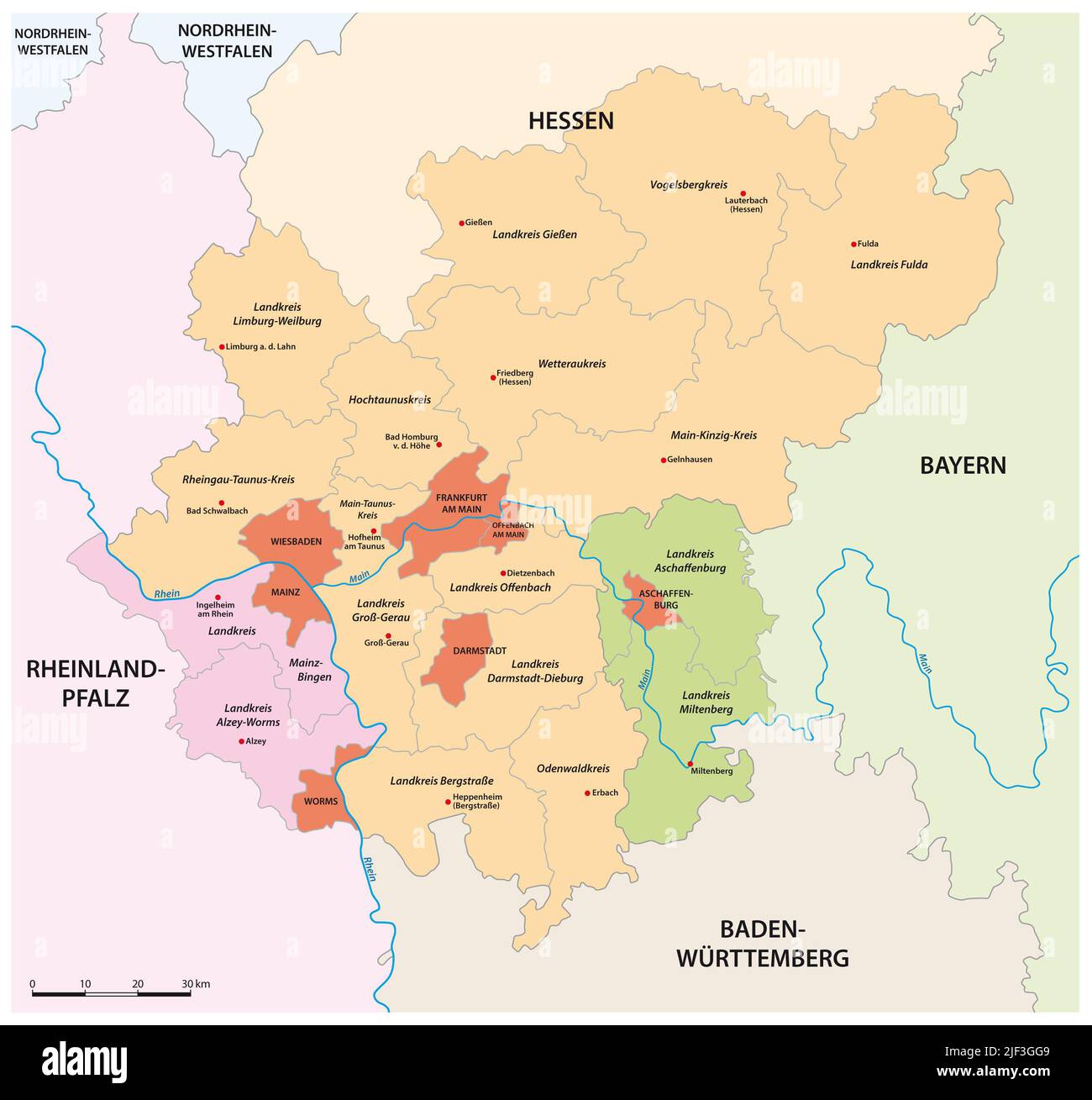 Carte vectorielle de la région métropolitaine Rhin-main, Allemagne Banque D'Images