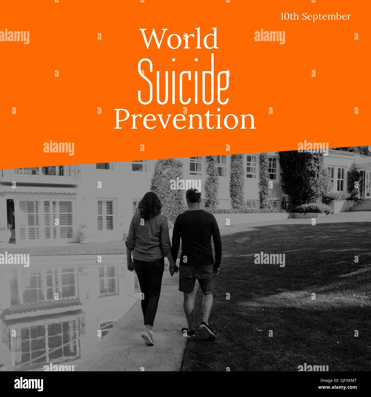 Composite de couples caucasiens marchant sur le sentier et 10th septembre, journée mondiale de prévention du suicide Banque D'Images