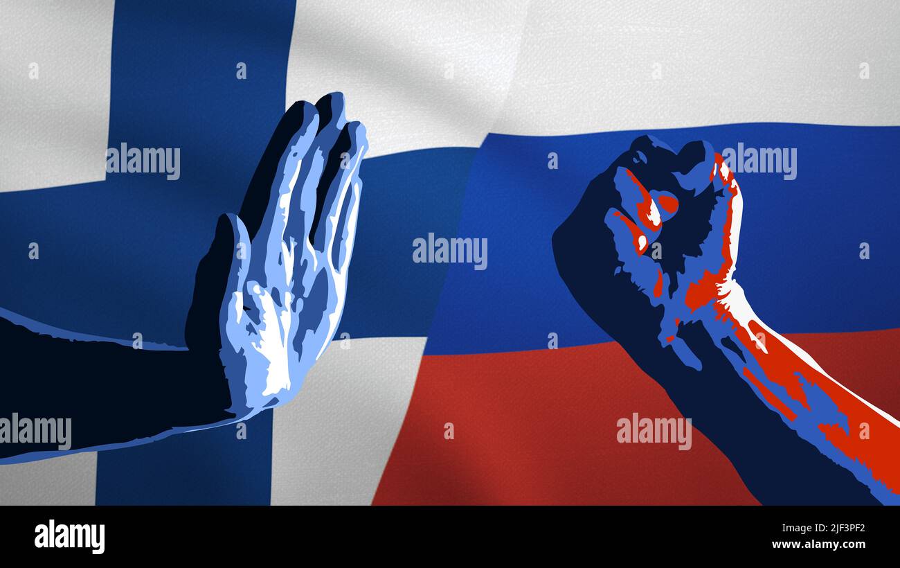 Stop Gesture et fist sign - drapeau de la Finlande et drapeaux de la Russie Banque D'Images