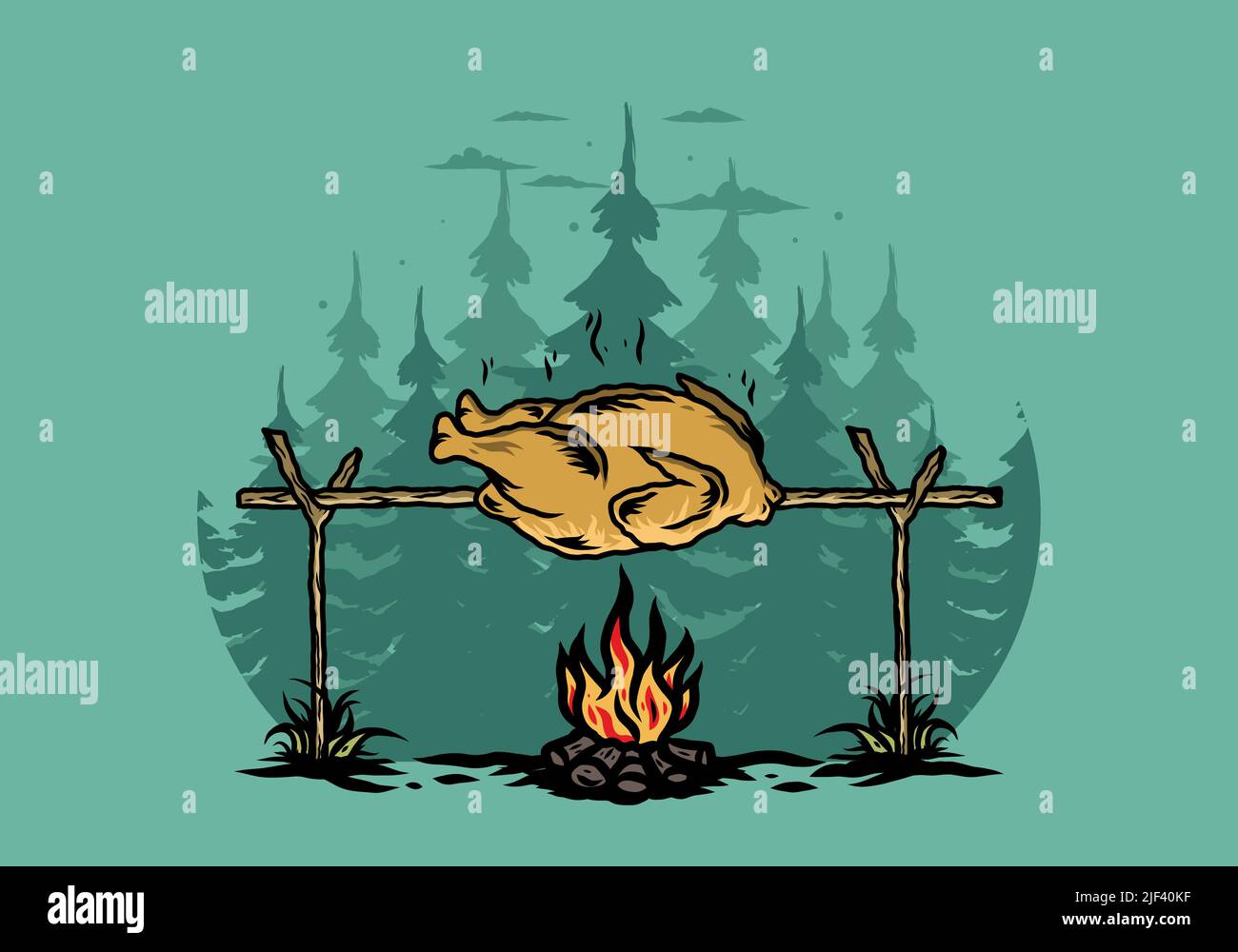 Illustration d'un poulet grillé sur feu de camp Illustration de Vecteur