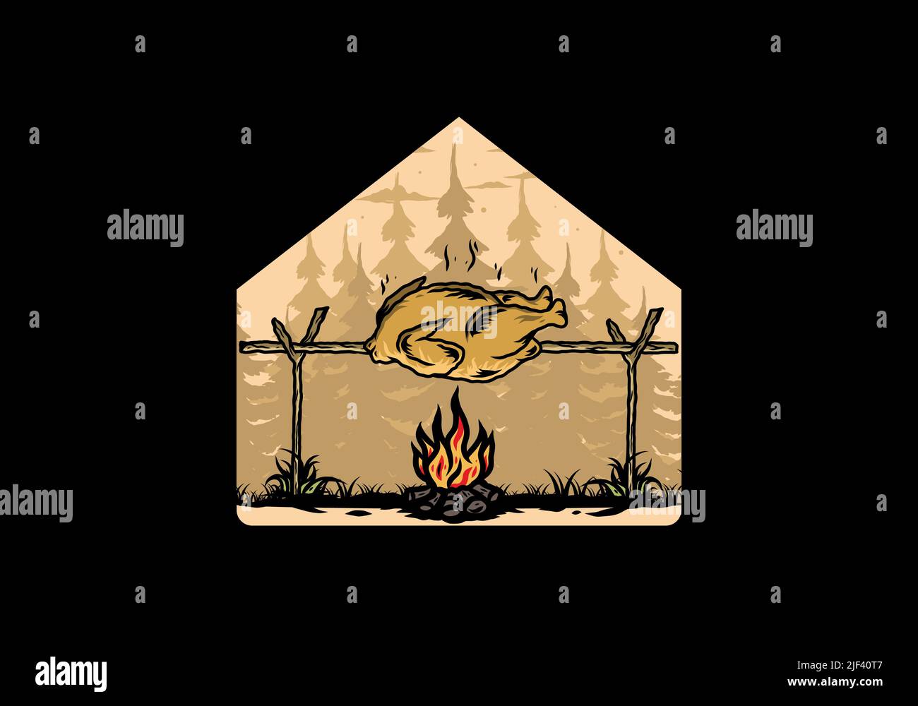 Illustration d'un poulet grillé sur feu de camp Illustration de Vecteur