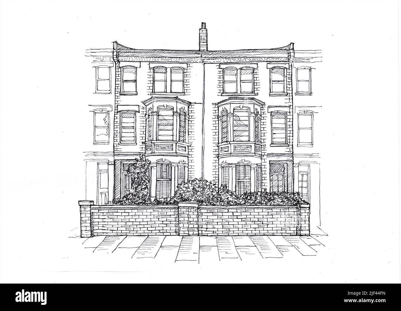 Dessin noir et blanc pour l'extérieur d'un bâtiment de style traditionnel. Banque D'Images