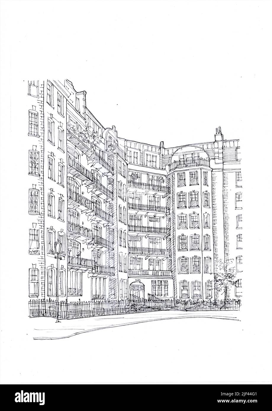 Dessin noir et blanc pour l'extérieur d'un bâtiment de style traditionnel. Banque D'Images