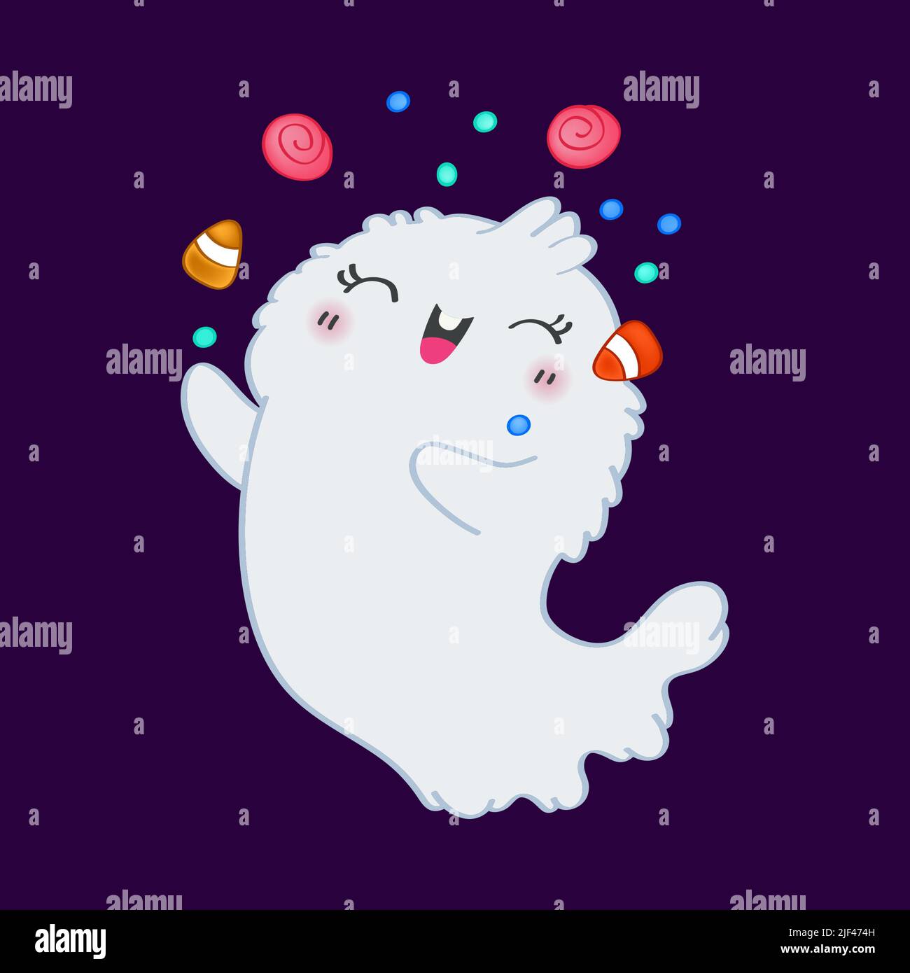 Cute Ghost Clipart pour les vacances et les biens pour enfants. Happy clip Art Halloween Ghost Jongling Candy. Illustration vectorielle d'un monstre d'Halloween pour Illustration de Vecteur