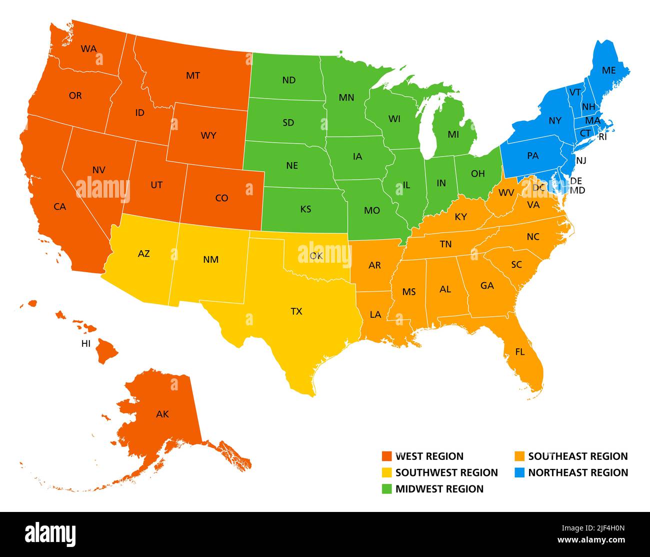 Régions géographiques des États-Unis, carte politique. Cinq régions, selon leur position géographique sur le continent. Banque D'Images