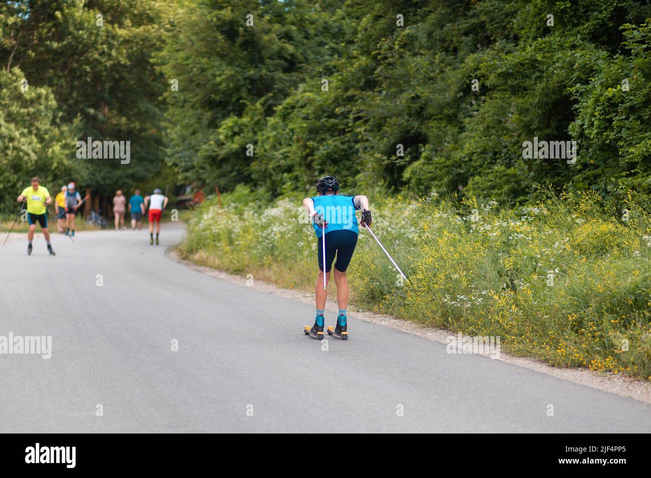 olympiade de ski de roller. Groupe d'athlètes s'entraîner avant la compétition. Vue de l'arrière. Biathlon sur les skis à roulettes avec des bâtons de ski, dans le He Banque D'Images