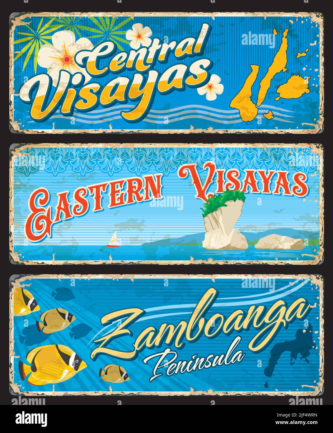 Visayas du Centre et de l'est et Zamboanga, provinces des Philippines, plaques de voyage vectorielles et autocollants. Les régions et les provinces des Philippines accueillent des panneaux d'étain ou des repères touristiques étiquettes à bagages Illustration de Vecteur Visayas du Centre et de l'est et Zamboanga, provinces des Philippines, plaques de voyage vectorielles et autocollants. Les régions et les provinces des Philippines accueillent des panneaux d'étain ou des repères touristiques étiquettes à bagages Illustration de Vecteur