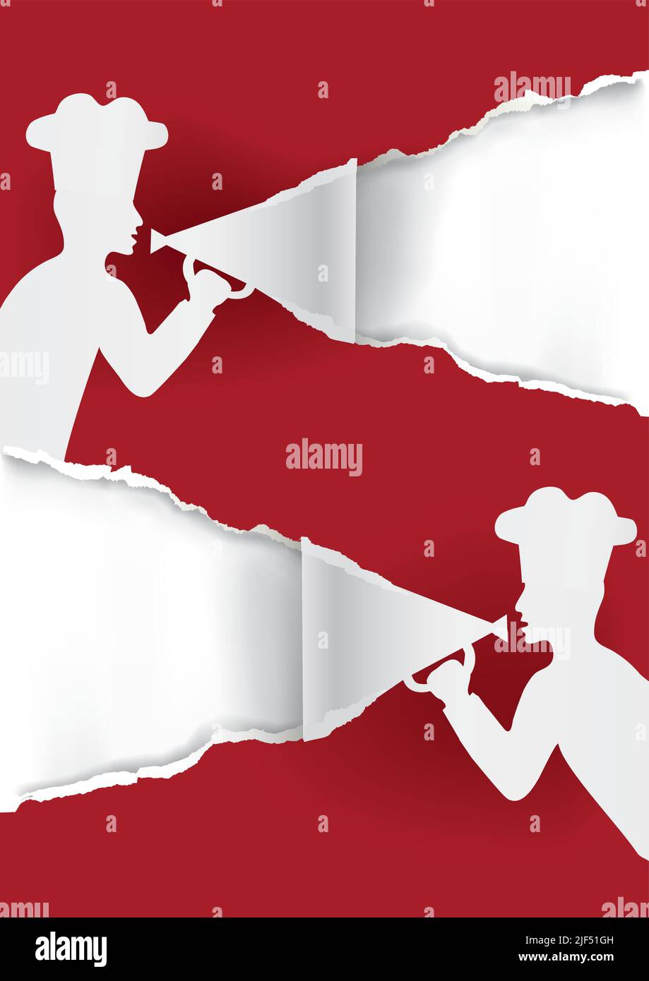 Chefs de papier avec mégaphone, fond de menu. Illustration d'un arrière-plan en papier déchiré rouge avec des silhouettes masculines stylisées et un chapeau de chef. Illustration de Vecteur