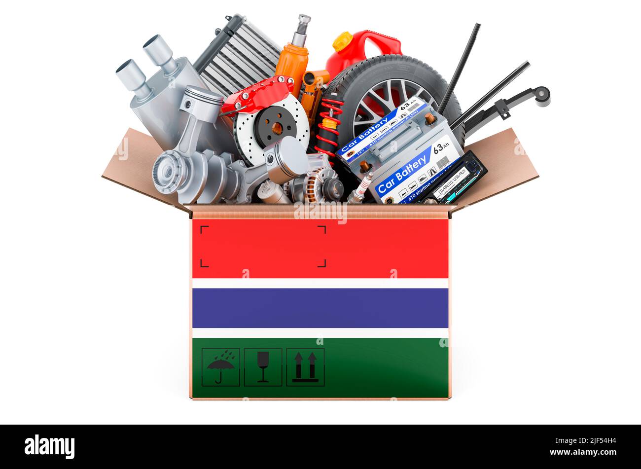 Drapeau de Gambie peint sur le colis avec des pièces de voiture. 3D rendu isolé sur fond blanc Banque D'Images