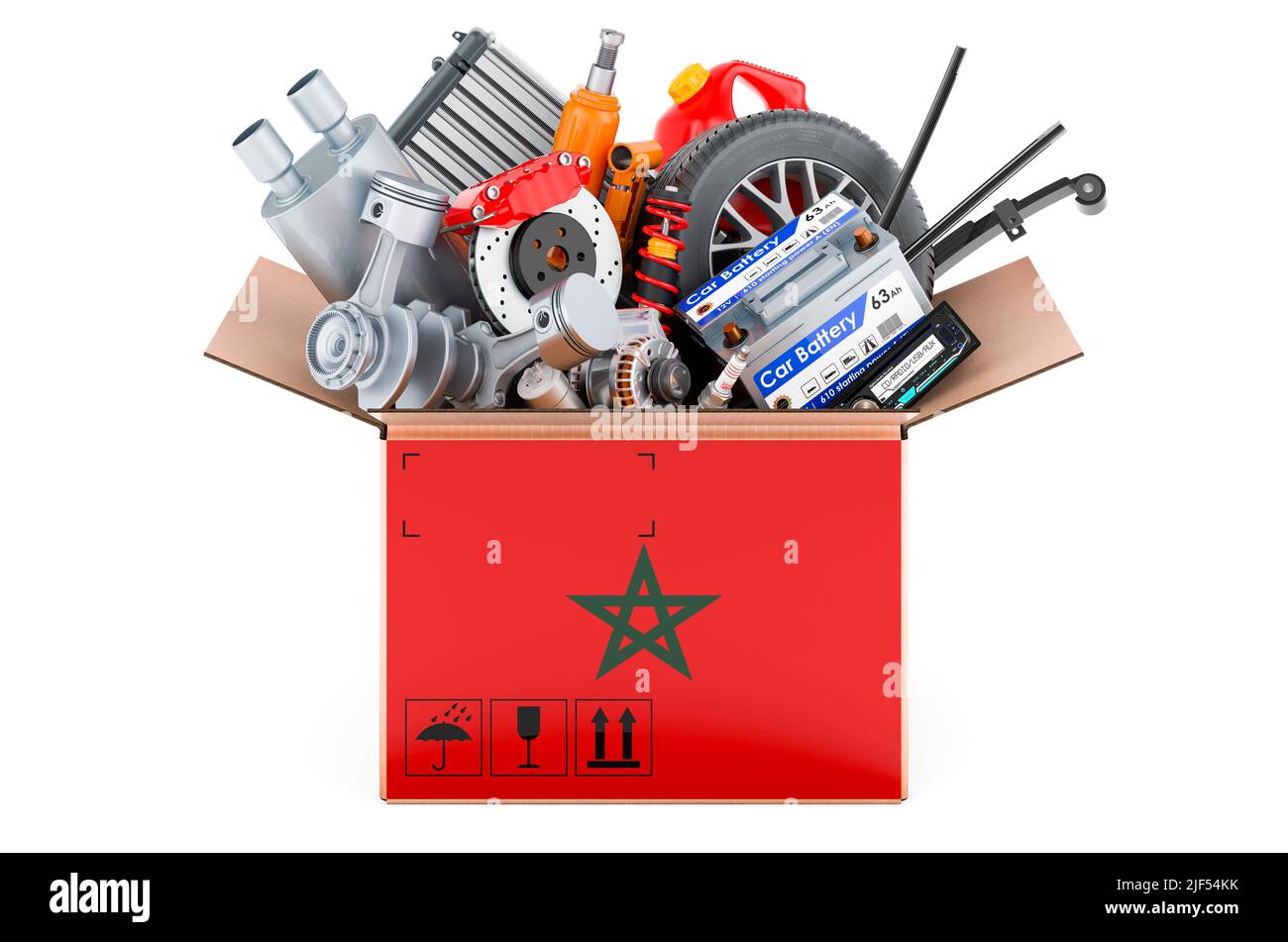 Drapeau marocain peint sur la parcelle avec des pièces de voiture. 3D rendu isolé sur fond blanc Banque D'Images