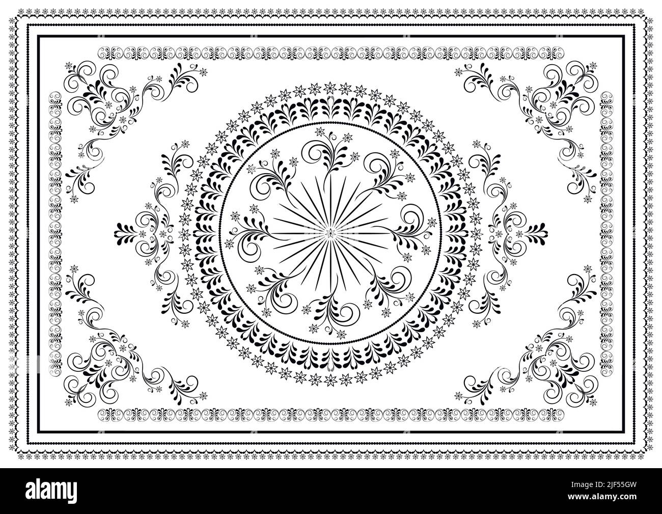 Cadre d'un motif floral avec un ornement calligraphique noir de fleurs stylisées sur des branches tourbillonnantes sur fond blanc Illustration de Vecteur