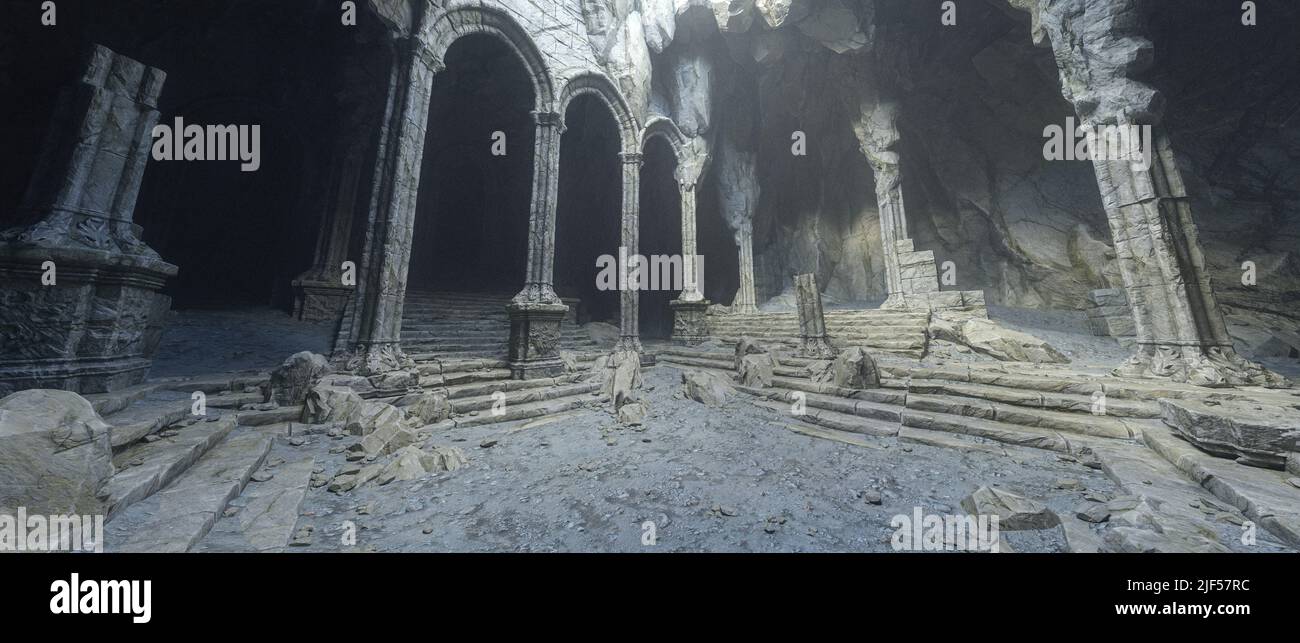 Sombre ruine poussiéreuse d'un ancien temple de fantaisie médiéval souterrain dans une montagne. 3D illustration. Banque D'Images