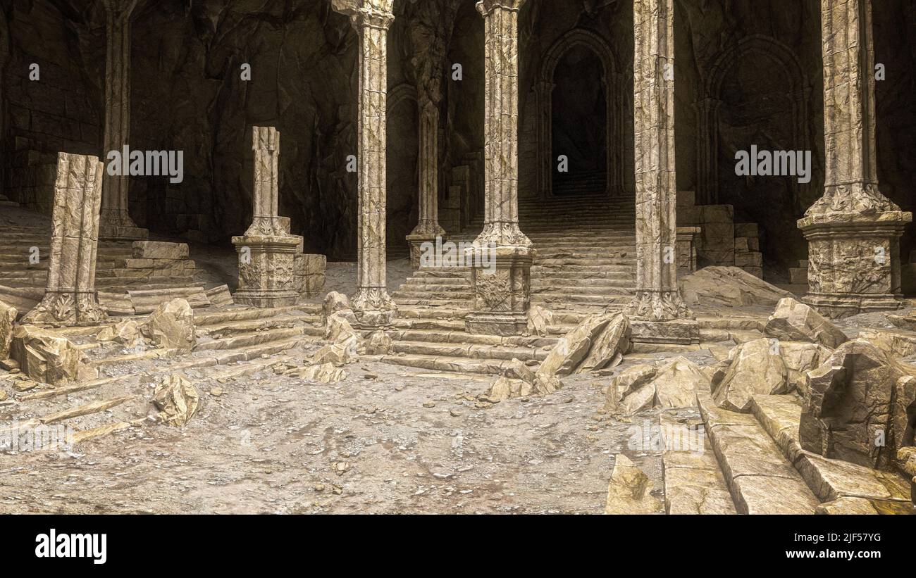Ruines d'un temple antique de fantaisie médiévale. 3D rendu. Banque D'Images