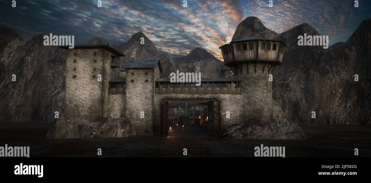Dark moody château médiéval FANTASY dans la lumière du soir avec porte ouverte et la montagne derrière. 3D illustration. Banque D'Images