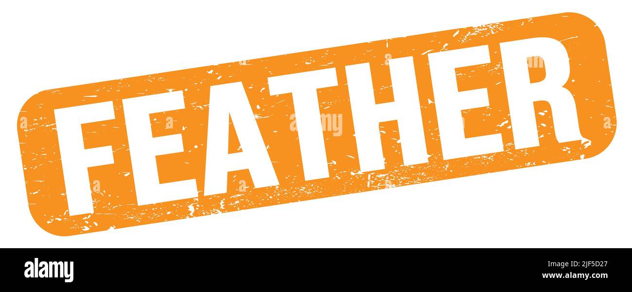 Texte EN PLUMES inscrit sur l'enseigne orange en forme de timbre grungy. Banque D'Images