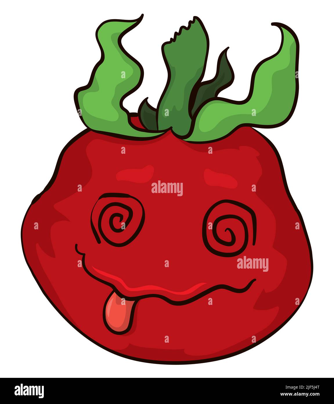 Caractère de tomate étourdi de style dessin animé avec les yeux comme les spirales et la langue dehors. Illustration de Vecteur