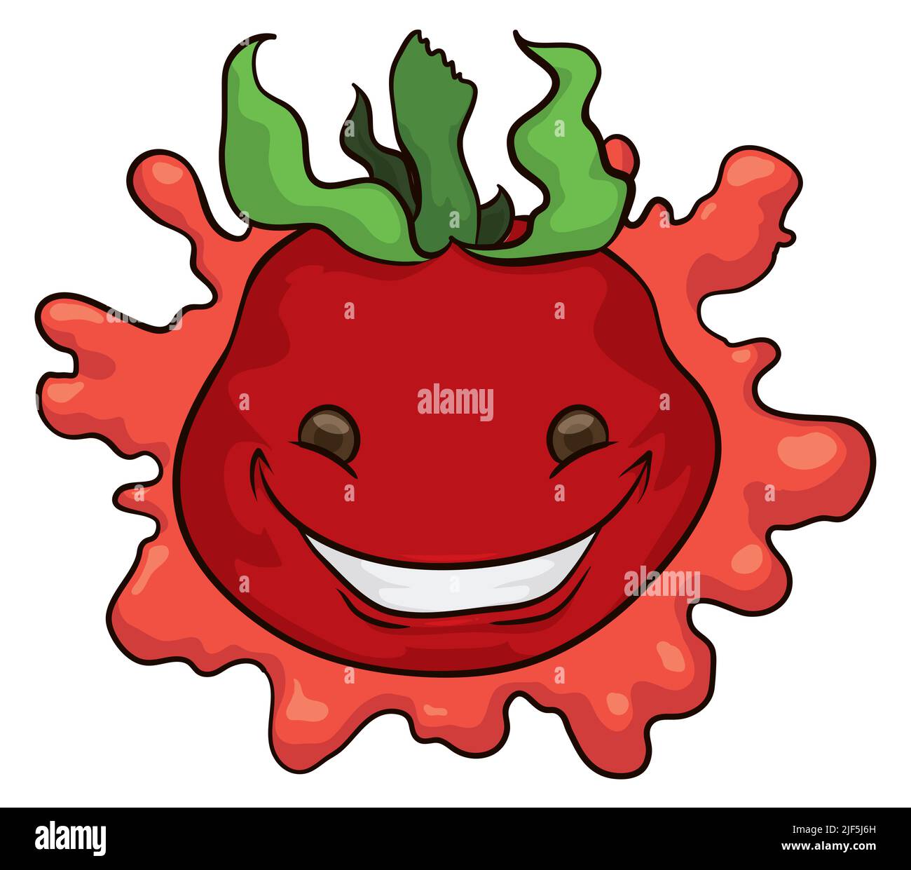 Adorable et souriant, personnage de tomate avec grand sourire sur les éclaboussures de ketchup dans un style de dessin animé. Illustration de Vecteur