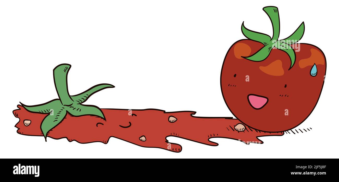 Tomate avec sueur et geste inquiet à côté d'un autre écrasé sur le sol, dans le style de dessin animé. Illustration de Vecteur